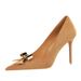 9511-K68 European And American Style Party Heels Stiletto Shallow Pointed Suede Bow Metal Buckle High Heel Pumps_vogvips.com