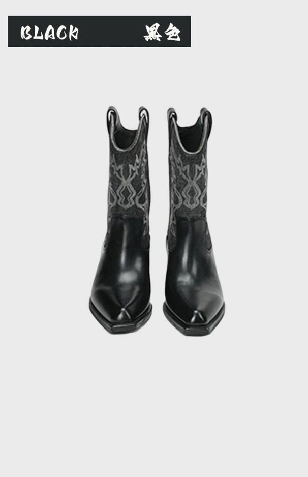 Zhao Lusi Same Style 2025 Summer New Melad Pile Western Cowboy Genuine Leather Pointed Toe Short Boots_vogvips.com