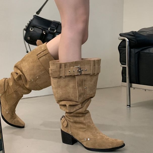 Wide-Shaft Suede Long Riding 2026, Vintage Wide-Shaft Chunky Heel Pointed Toe Buckle Ruched Stacked Boots For Women_vogvips.com