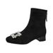 2025 New Style Brown Suede Short Boots For Women With Rhinestone Square Buckle Low Heel Spring And Autumn Mid-Calf Boots_vogvips.com