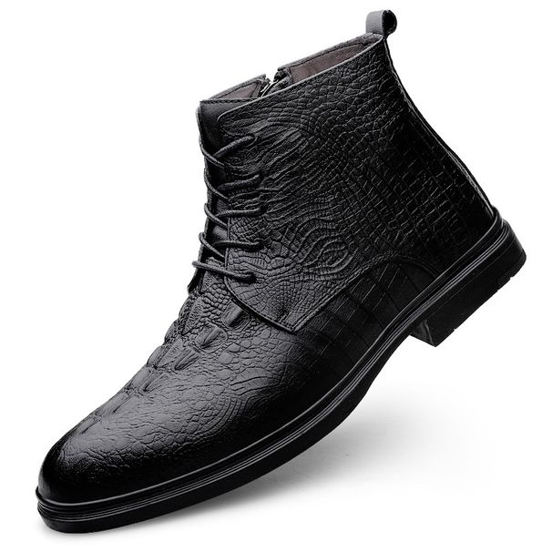 Men's Large Size Fleece High Top Leather Shoes Men's Crocodile Martin Boots Side Zipper_vogvips.com