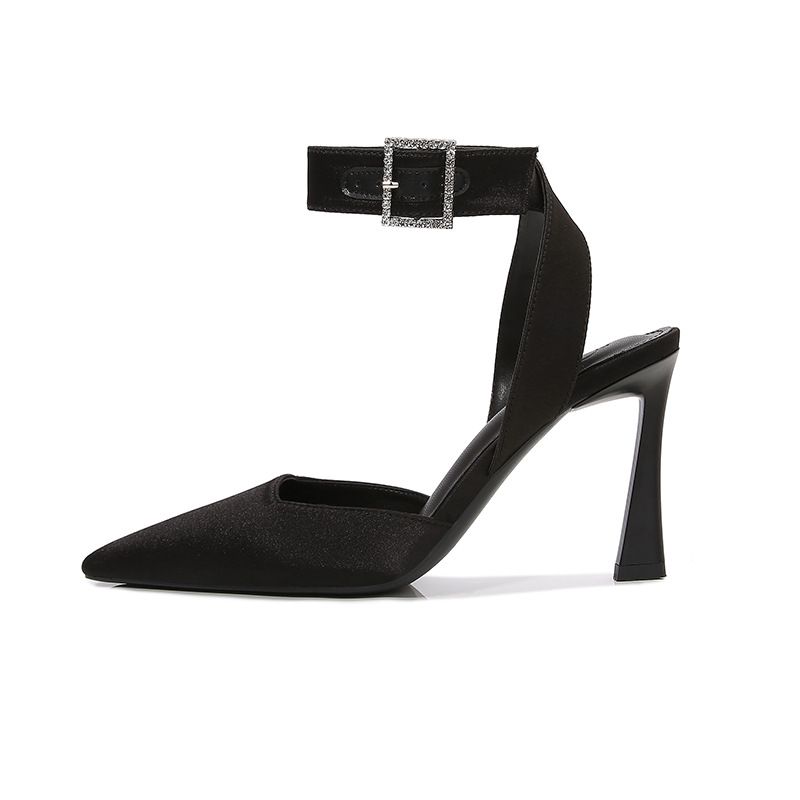 2026 High Heels With Thin Heels, Fashionable Satin, Versatile Small Square Toe, Black, Sexy Nightclub Style,_vogvips.com