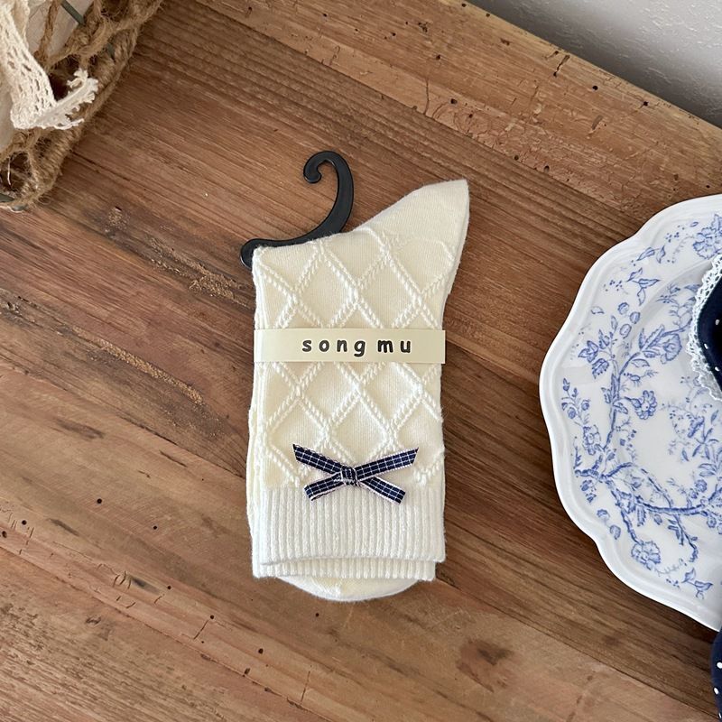 Songmu Light Retro Navy Blue "bow Knot Korean Socks Women's Mid Tube Socks Designer Pure Cotton Socks_vogvips.com