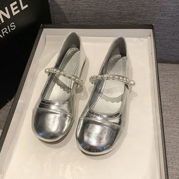 Silver French Pearl Mary Jane Small Leather Shoes Women's Spring And Autumn Versatile Retro Light Mouth Flat Bottom With Skirt_vogvips.com