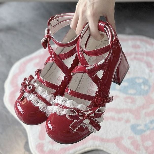 Lolita High-heeled Shoes, New Soft Girl Lace LitJK Versatile Bow Cute Ol2025 Small Leather Shoes With Round Toe_vogvips.com