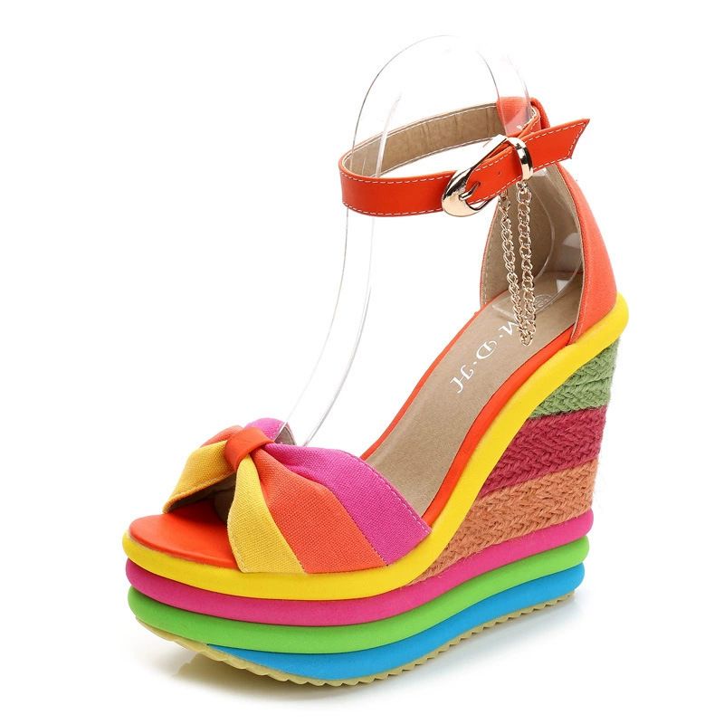 Women's Shoes Summer New Style Super High Heel Wedge Sandals Straw Bridal Fish Mouth Rainbow 43 Large Size Women's Shoes_vogvips.com