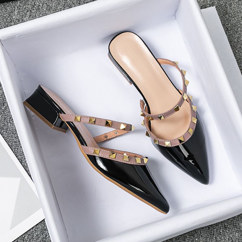Warren Summer Mid Heel Pointed Half Slippers For Lazy Women, Headband, Outer Wear With Rivet, Lacquer Leather, Cool And_vogvips.com