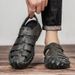 Men's Summer Closed-Toe Genuine Leather Sandals For Outdoor Driving, Soft Sole, Non-Slip, Water-Resistant, Hollow Out,_vogvips.com