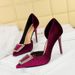 1363-K39 Elegant Banquet Heels Stiletto Shallow Mouth Pointed Toe Metal Buckle West Silk Side Hollow Super High Heel_vogvips.com