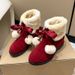 Fur Ball Inner Height Increase Snow For Women Winter Fleece Lined Warm Cotton Mid-Calf Short Boots Red Wedding Bride_vogvips.com