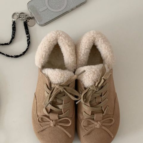 2025 Winter New Versatile Retro Flat Sole Furry With Bowknot Casual Style Two-Way Cotton Shoes For Women_vogvips.com