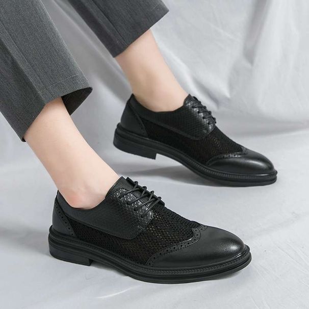 New Summer Leather Shoes Hollow Out Refreshing British Style Men's Business Casual Breathable Pointed Toe Hole Sandals_vogvips.com