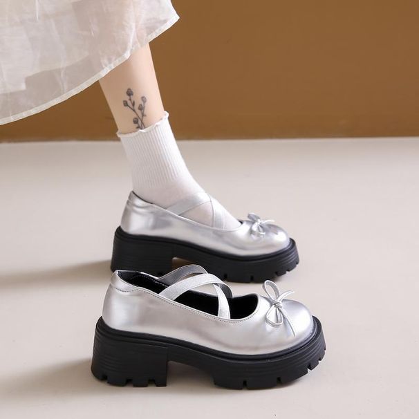 Uniform Spring 2025 New Style Bow Thick Bottom Versatile Anti Slip Silver Mary Jane Small Leather Women's Single Shoes_vogvips.com