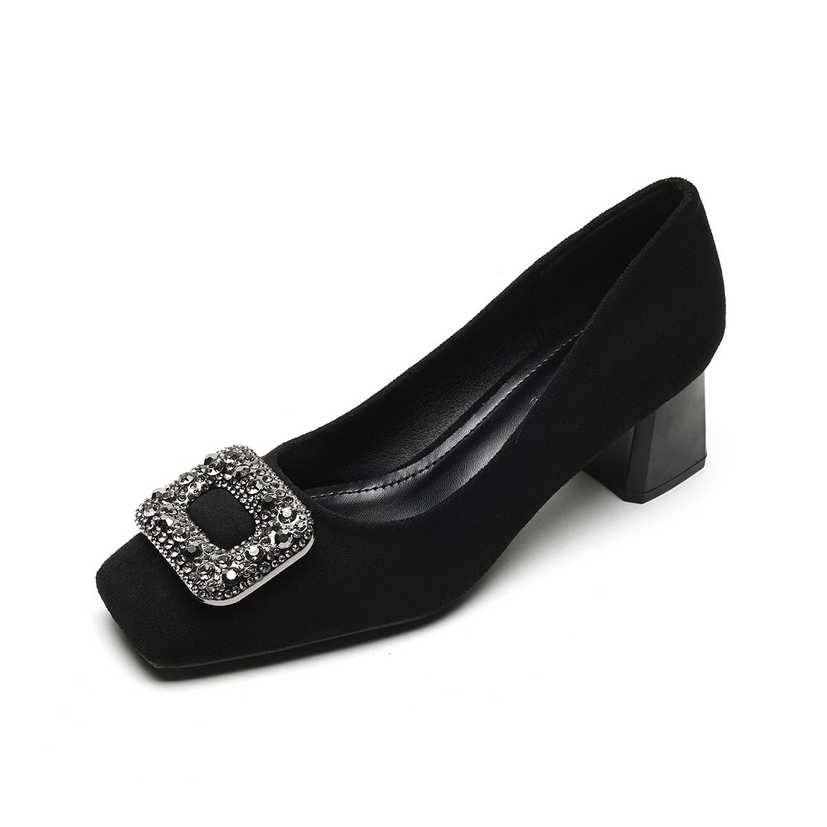 French High Heels Female Temperament Rhinestone One Pedal Black Light Mouth Thick Heel Single Shoes Female_vogvips.com