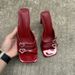 Women's Heart Embellished Square Toe Chunky Heel Sandals - Glamorous Open-Toe Slip-On Shoes In Black, Red & Beige_vogvips.com