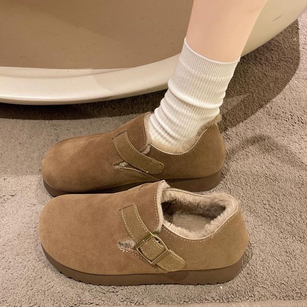 Fleece-Lined New Winter Warm Snow Boots Thick-Soled Lamb Wool Buckle Retro Furry Shoes For Women_vogvips.com