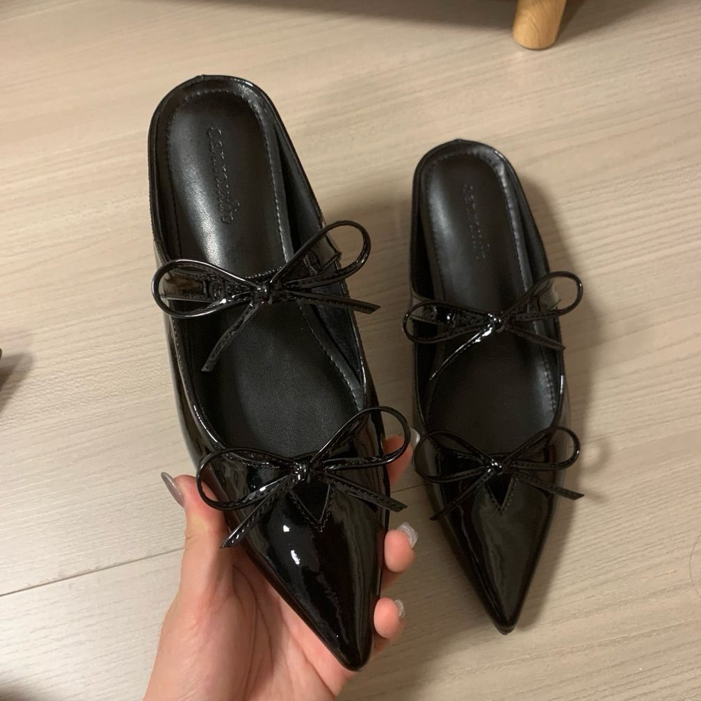 Double Bowknot Mules With 5cm Hidden Wedge For Petite Women, Mary Jane Pointed Toe Patent Leather Half Mules,_vogvips.com
