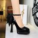 8326-H100M European And American Style Ultra-high Heel Double Platform Patent Leather Single-strap Shoes With Large Bow_vogvips.com