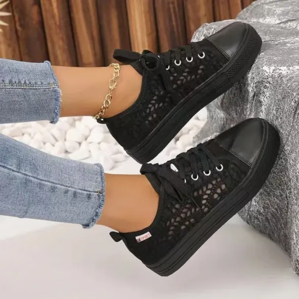 Women Fashion Summer Casual White Cutouts Lace Canvas Hollow Breathable Platform Flat Shoes Woman Sneakers_vogvips.com