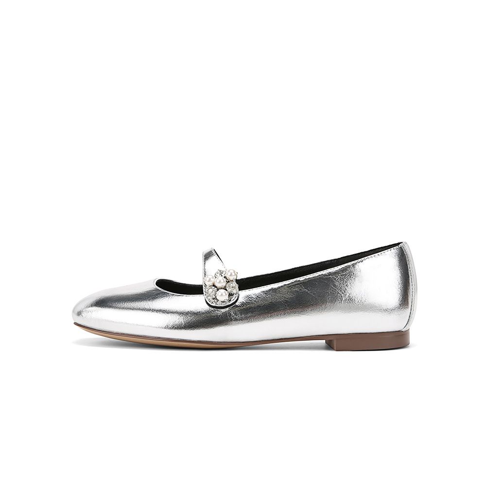 Cowhide Version Flower Diamond Square Head Rhinestone Buckle Strap Flat Bottom Mary Jane Ballet Shoes For Women_vogvips.com