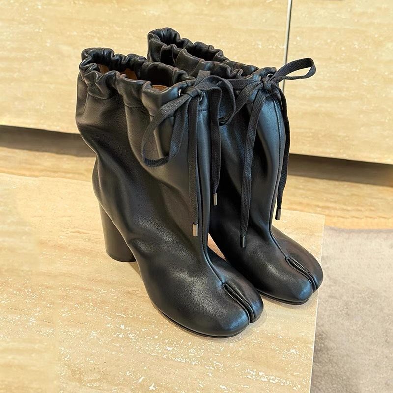 Cowhide Version~ Autumn And Winter New Wide Tube Lace-up Split-toed Pig's Trotters Boots Women's Korean Version Versatile Western Martin Boots Women_vogvips.com
