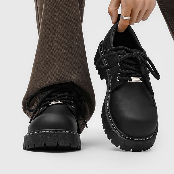 Derby Men's Martin Boots Black Thick Soled Height Increasing round Toe Casual Leather Shoes Cleanfit Workwear Commuting Big Toe_vogvips.com