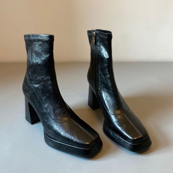 French Style Genuine Leather Niche High Heel Slim Square Toe Waterproof Platform Short For Women Slimming Petite Elastic_vogvips.com