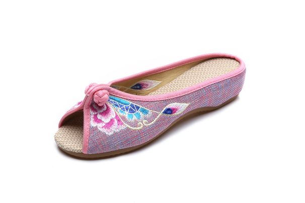 Slippers Spring/Summer Linen Fish Mouth Outer Wear Cool Drag Plate Buckle Cloud Head Butterfly Embroidered Women's Shoes_vogvips.com