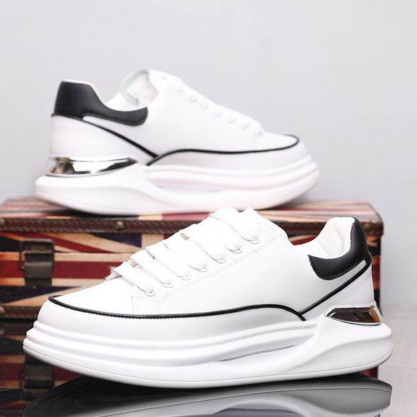 Men's Shoes White Sneakers Genuine Leather Platform Shoes With Hidden Wedge Heels Trendy Dad Shoes For Couples_vogvips.com