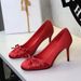 Women's Stiletto Heel Pumps French Style Elegant High Heeled Slip On Shoes With Round Toe Low Cut Design And Bow Perfect For A Sophisticated Evening Occasion_vogvips.com