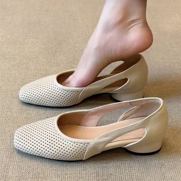Genuine Leather Soft Leather~French Style Sandals For Women Square Toe Out Retro Shallow Mouth Hollow Breathable Mary_vogvips.com