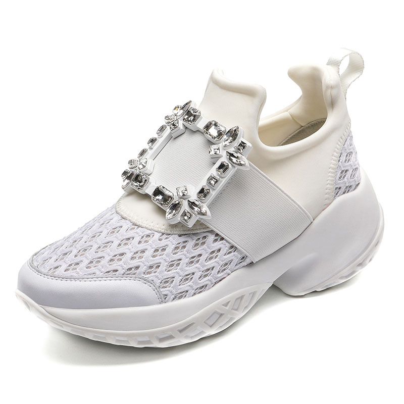 Rhodis New Rhinestone Square Buckle Thick Soled Dad Shoes Mesh Heightened Casual Leather Single Shoes Women's Sports Shoes_vogvips.com