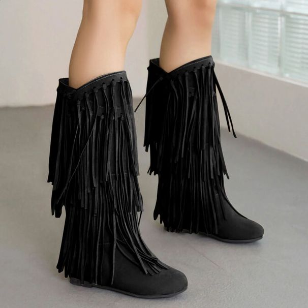 Womens Fringe Winter Western Round Toe Flats Suede Solid Cool Internal Elevation Boots Dressy Daily Shoes 240911_vogvips.com