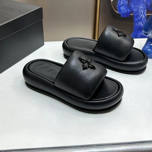 2026 Celebrity High Style Version Cross Flower Black Balloon Sandals Leather One-Word Slippers Thick Sole Height Increas_vogvips.com