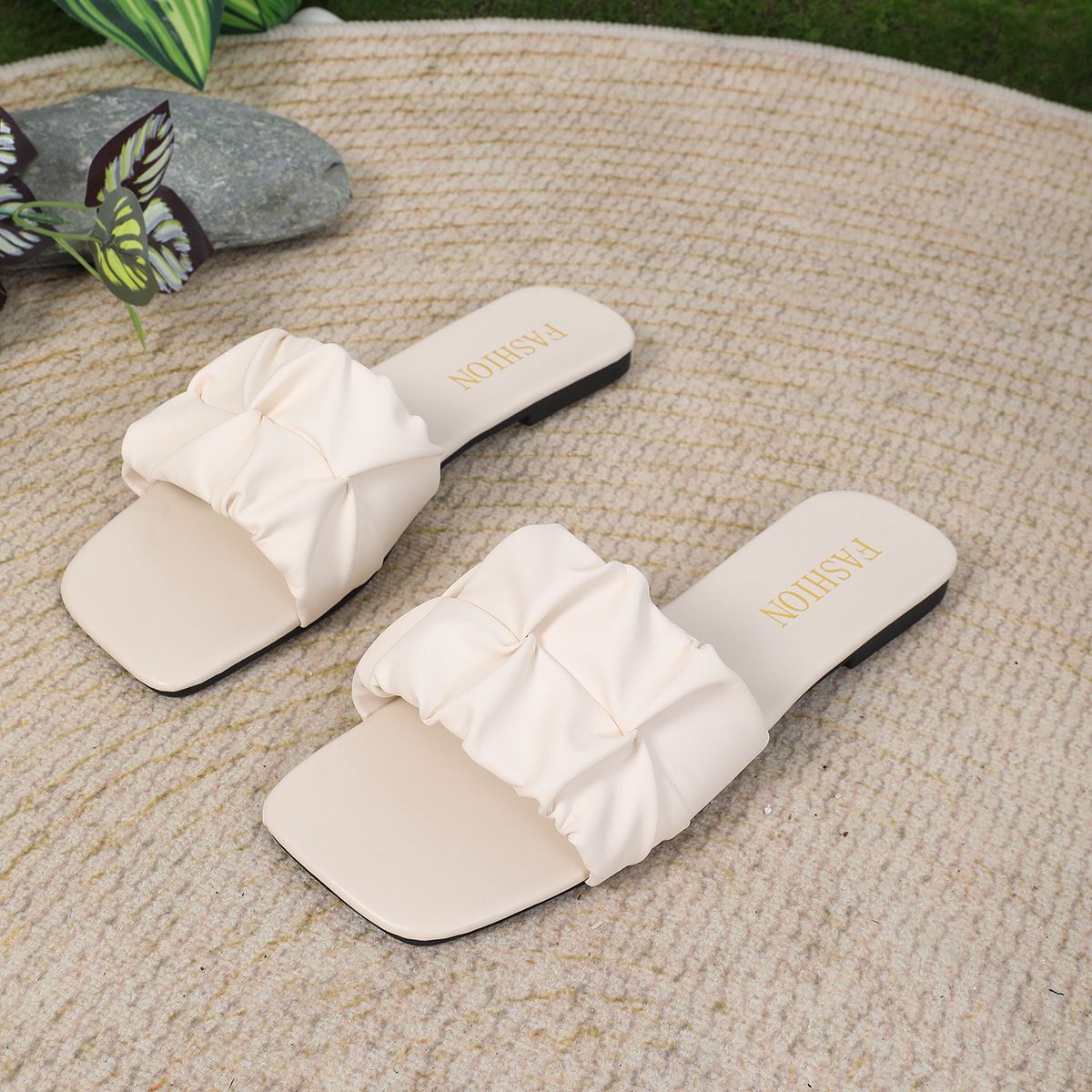 plus Size Trendy Beach Sandals For Women Summer Square Toe Flat One Strap Color Block Suede PU Footwear Brown Rubber Sole_vogvips.com