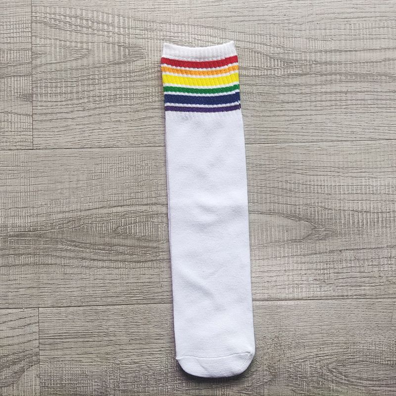 Fashion Socks For Children White Colorful Rainbow Striped Mid Tube Cotton Socks Hip Hop Style Matching Socks Student Performance Socks_vogvips.com