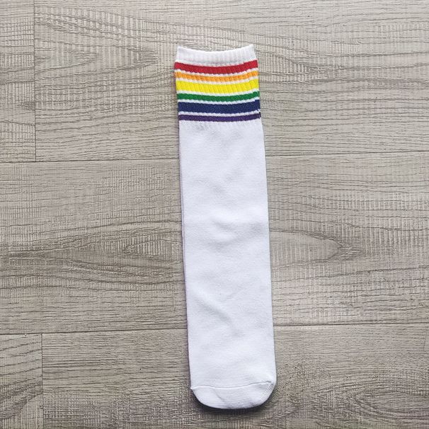 Fashion Socks For Children White Colorful Rainbow Striped Mid Tube Cotton Socks Hip Hop Style Matching Socks Student Performance Socks_vogvips.com