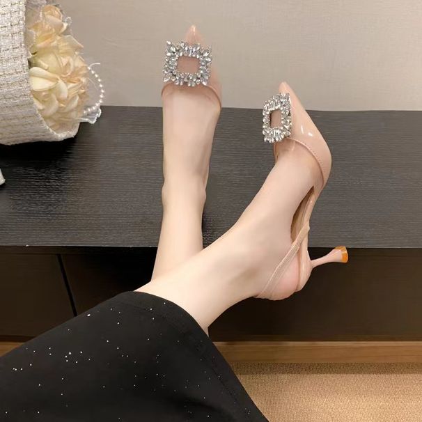 High Heels 2024 Summer New French Style Rhinestone Pointed Toe Square Buckle Thin Heel Sexy Open-Toe Sandals Women_vogvips.com
