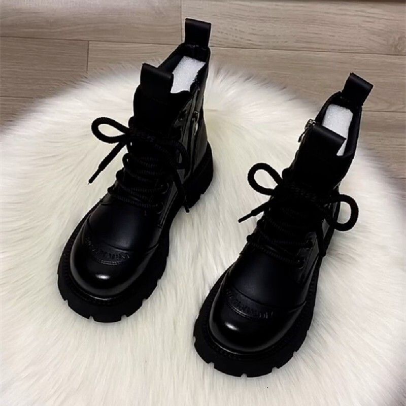 PUAL VIDISI Women Vintage Brown Leather Platform Combat Side Zipper Lace Up Thick Sole Ankle Martin Boots_vogvips.com