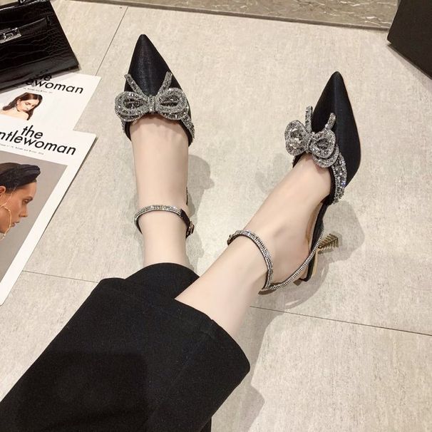 Summer Fashion Bowknot New Rhinestone Pointed Toe Stiletto For Women, 42, European And American Style, Closed-toe_vogvips.com
