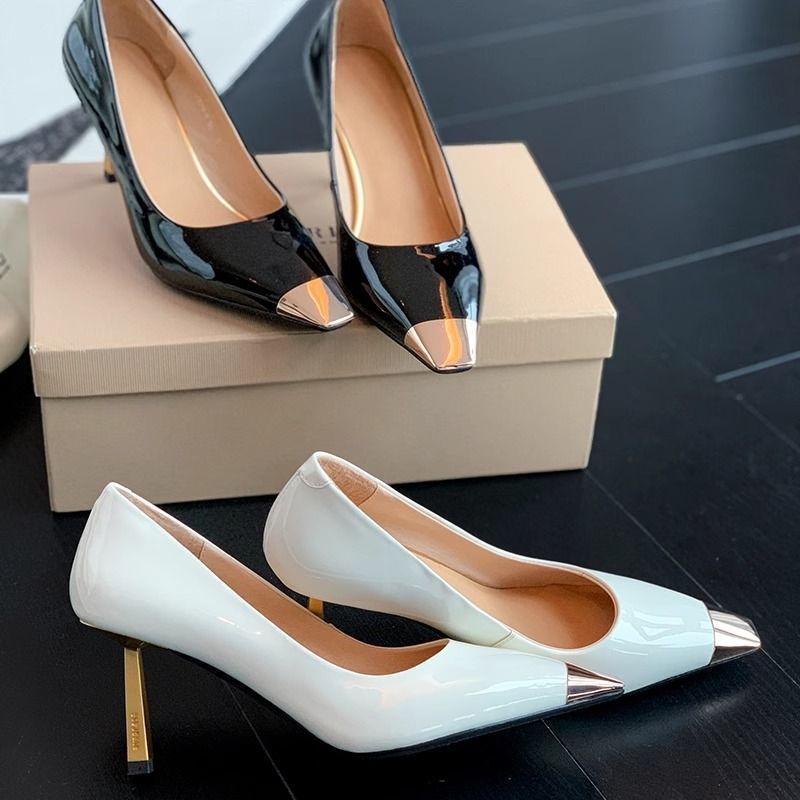 Women's Chic Pointed-Toe Stiletto Heels – Glossy PU High Heel Pumps With Sleek Metal Detail For Elegant Style High Heels For Women_vogvips.com