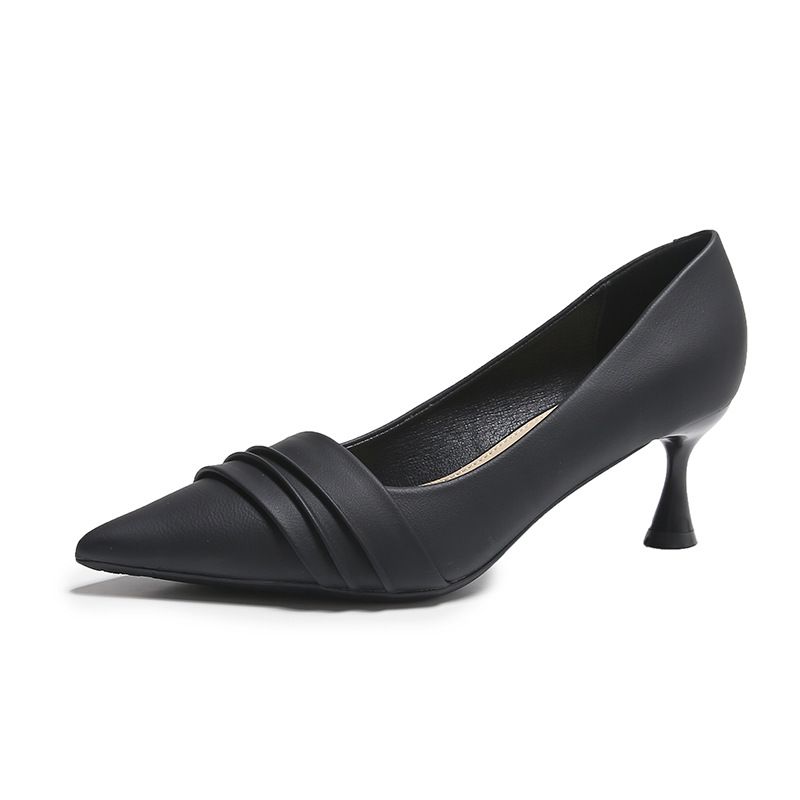 High Heels Stiletto Professional Work Soft Leather Commuting Wrinkled Single Shoes Women Pointed Toe Mary Jane Black New_vogvips.com