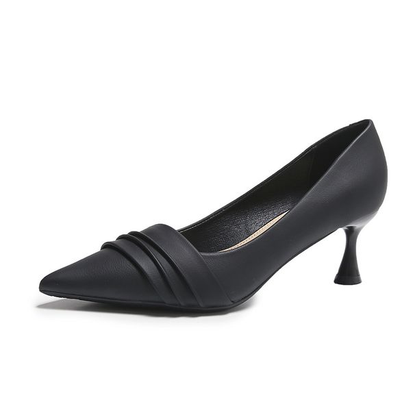 High Heels Stiletto Professional Work Soft Leather Commuting Wrinkled Single Shoes Women Pointed Toe Mary Jane Black New_vogvips.com