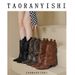Vintage Western Cowgirl Boots For Women - Pointed Toe Chelsea Ankle Boots With Studs & Buckle Details, Chunky Heel (6-8cm), Brown/Black/Tan_vogvips.com