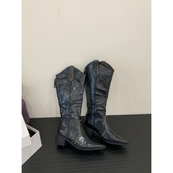 V-Mouth Rivet Pointed Toe Western Cowboy Over-The-Knee Heel Long Women High Tube Knight Boots_vogvips.com