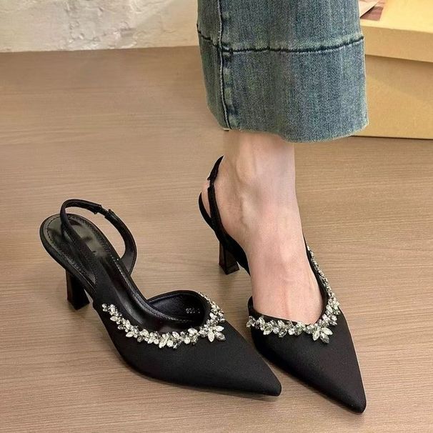 Spring French Satin Fashion High Heels Women's Thin Heels Pointed Head Sandals Wear Rhinestones Versatile_vogvips.com