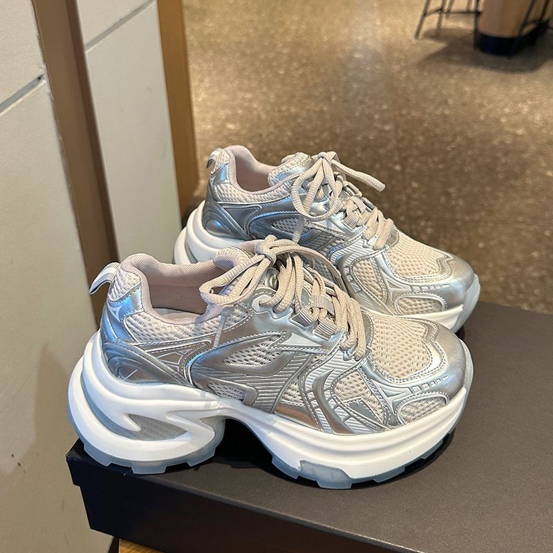 Thick Soled Silver Dad Shoes For Women New Breathable Height Enhancing Net Celebrity Street Blasting Ins Trendy Casual Sports Shoes_vogvips.com