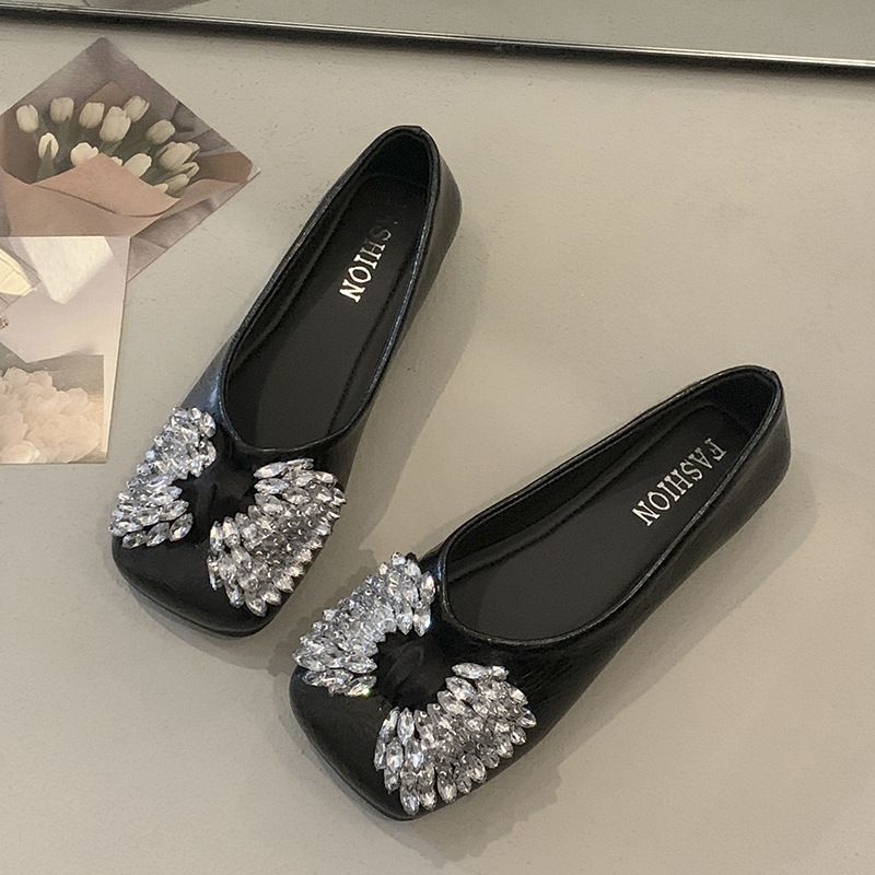Spring Shallow Mouth Fairy Single Shoes Rhinestone Evening Breeze Gentle Shoes With Skirt Square Head Flat Shoes Female_vogvips.com