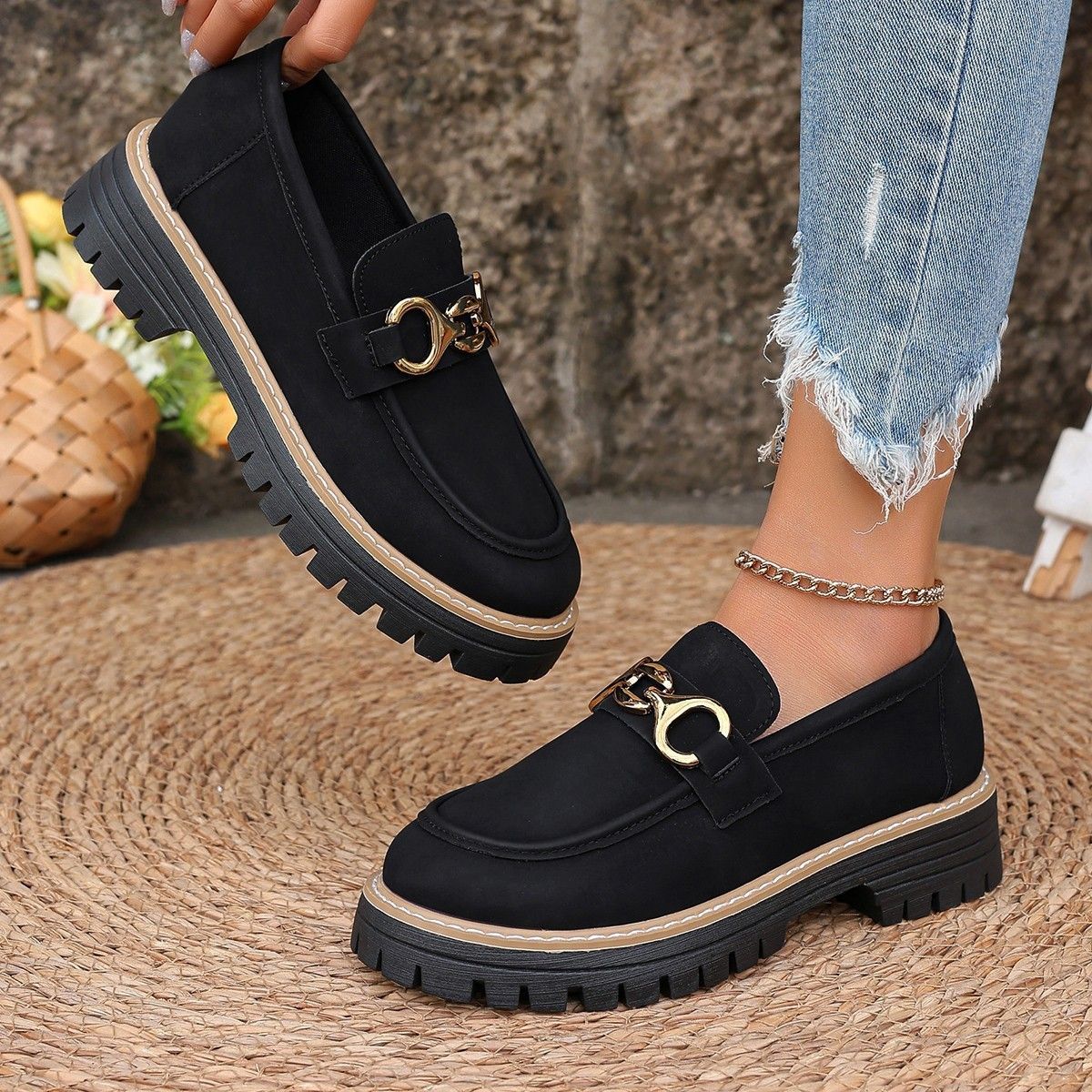 SHLIANG British Style Women's Flat Shoes Spring Autumn Thick Bottom Casual Retro Color Block Leisure Loafers Round Toe X0048_vogvips.com