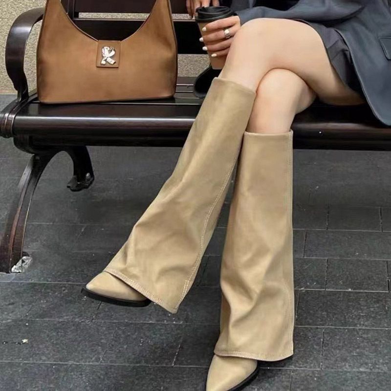 Women’s Shoes Rhinestones Pointed Thick Heel Sleeve Boots Retro Knee High Boots Fashion Pull Wind Chimney Boots Motorcycle Boots_vogvips.com